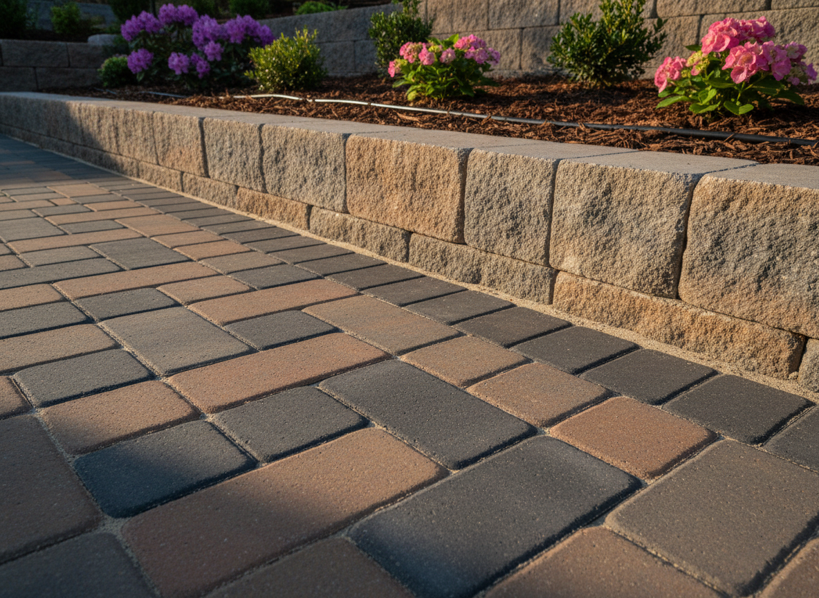 A close-up, photographic realism view of interlocking pavers meeting a neatly engineered retaining wall. The foreground focuses on the paver surface, revealing subtle color variations, beveled edges, and fine sand-filled joints. Just beyond, a low retaining wall built from textured concrete blocks terraces a gentle slope, with drip irrigation tubing discreetly visible along the back of a dense planting bed filled with mulch and flowering shrubs. Soft late afternoon sunlight rakes across the scene, emphasizing surface textures and casting delicate, directional shadows. Shot from a low, angled perspective with shallow depth of field, the mood is meticulous and professional, highlighting craftsmanship and attention to detail.