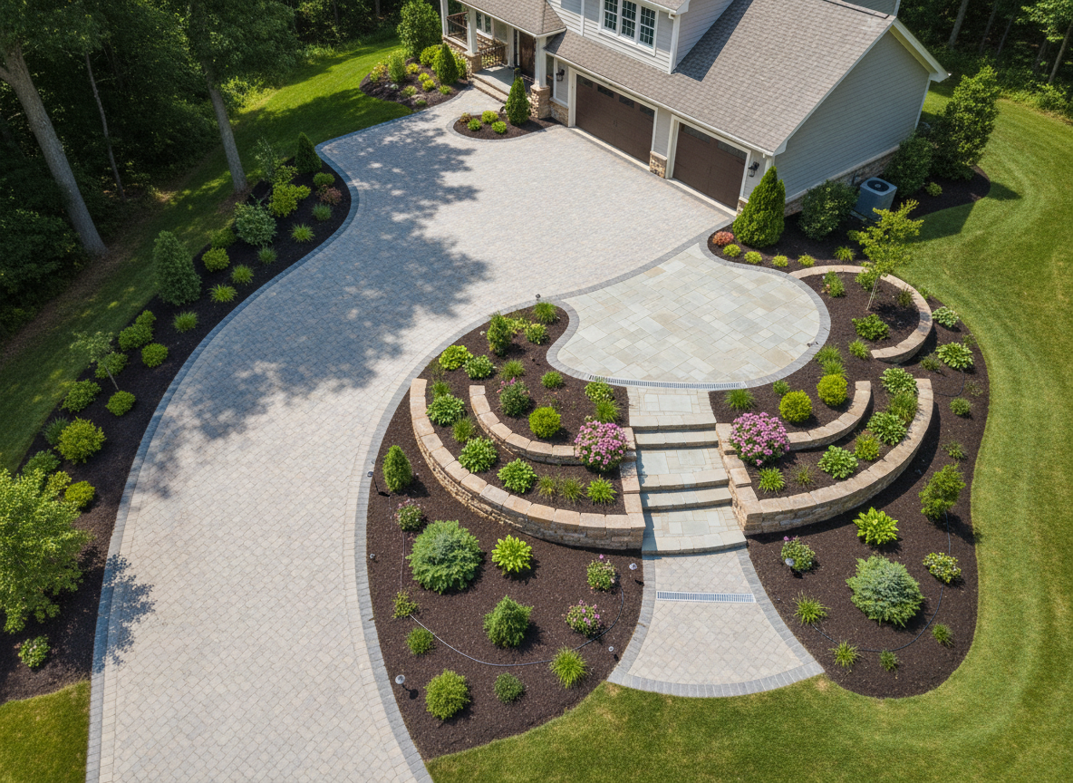 A bird’s-eye, photographic realism view of a complex residential landscape showcasing integrated hardscape and softscape elements. The overhead angle reveals a large interlocking paver driveway, a side walkway, a multi-level patio, and precisely aligned drainage channels. Retaining walls create terraced garden beds filled with well-organized planting zones and mulch. Small landscape lights dot the edges of paths and walls, suggesting a cohesive lighting plan. Subtle irrigation components are visible in mulched beds without drawing focus. Captured in bright, clear daylight for clarity and detail, the mood is clean, organized, and professional, perfect for demonstrating full-property planning and installation expertise.
