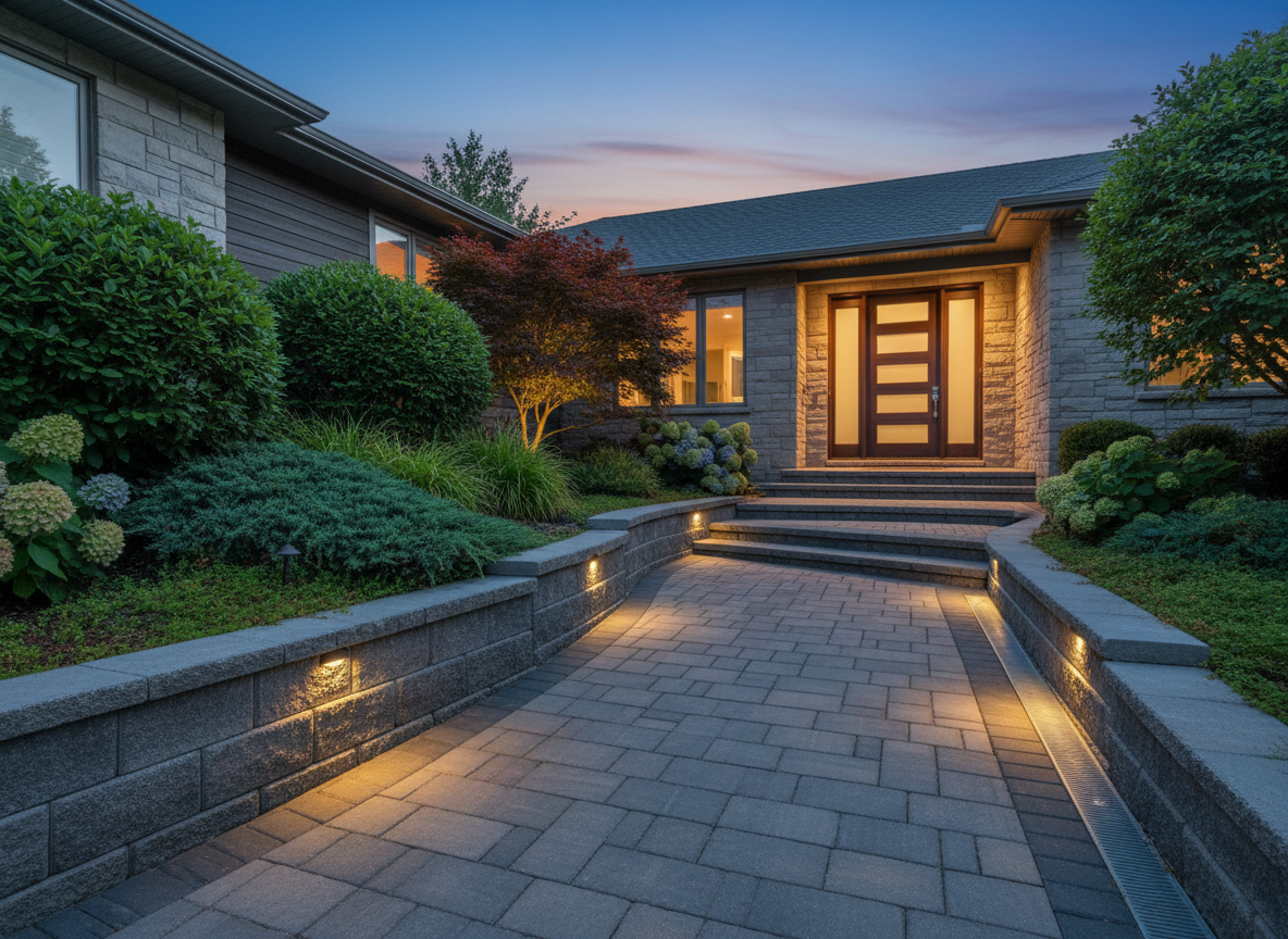 A professionally landscaped front walkway and entry framed by interlocking pavers, landscape lighting, and lush plantings. The paver path gently curves toward a front door, bordered by a tiered retaining wall that manages grade changes with clean lines. Discreet path lights cast warm, even pools of light across the pavers, while small uplights accent feature shrubs and a specimen tree. Hidden irrigation heads are barely visible among groundcover, and a subtle drainage channel runs along the edge of the path. Photographed at blue hour with a balanced exposure showing both the deepening sky and illuminated landscape, the image is captured from a slightly elevated angle, emphasizing structure, safety, and curb appeal.
