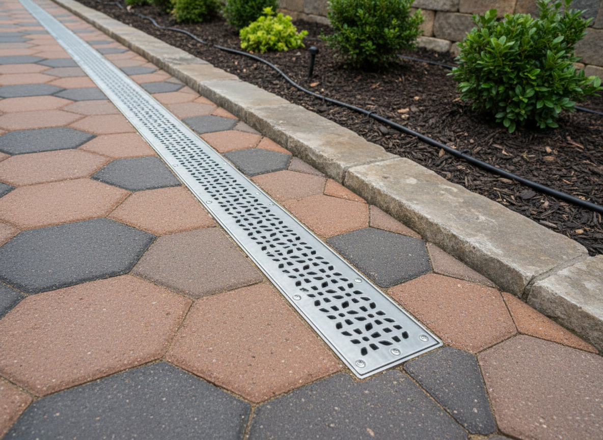 A tight, detailed photographic realism shot of a drainage solution seamlessly integrated into an interlocking paver walkway. The camera focuses on a linear trench drain with a decorative metal grate running perpendicular to the paver pattern. The surrounding pavers show precise cuts and consistent joint spacing, with a slight slope guiding water toward the drain. Nearby, a mulched planting bed with hardy shrubs and drip irrigation emitters sits slightly elevated behind a small retaining edge. Soft, diffused overcast light minimizes harsh shadows, emphasizing technical precision and material quality. The composition uses a low, angled perspective to showcase alignment and craftsmanship in a calm, professional manner.