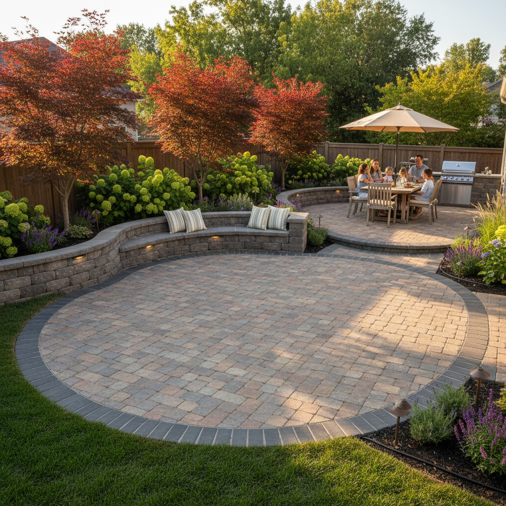 A backyard outdoor living space centered around a spacious interlocking paver patio with an integrated seating wall. The pavers transition from a main field pattern to a contrasting border band near the edges, adding visual structure. A low retaining wall defines the perimeter, holding a raised planting bed with layered shrubs, perennials, and small trees, all connected by an efficient drip irrigation system. Inset step lights highlight the wall face, while small spotlights emphasize key plants. Captured in warm, late afternoon light with soft shadows and rich color, the eye-level composition shows the entire patio and surrounding landscape in sharp focus, conveying a finished, highly usable family entertainment space.