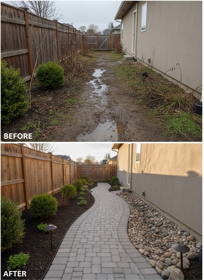A serene side yard transformation presented as a photographic realism before-and-after pair, stacked vertically. The top image shows a narrow, muddy side yard with uneven soil and poor drainage, under dull gray light. The bottom image reveals the same area converted into a neat interlocking paver pathway with a subtle curve, flanked by a low retaining edge, river rock drainage swale, and simple evergreen plantings. Discreet path lights follow the curve of the walk. The after shot is captured in soft morning sunlight, with gentle shadows adding depth. Both images are framed from the same eye-level angle, accentuating the improvement in function, aesthetics, and water management.