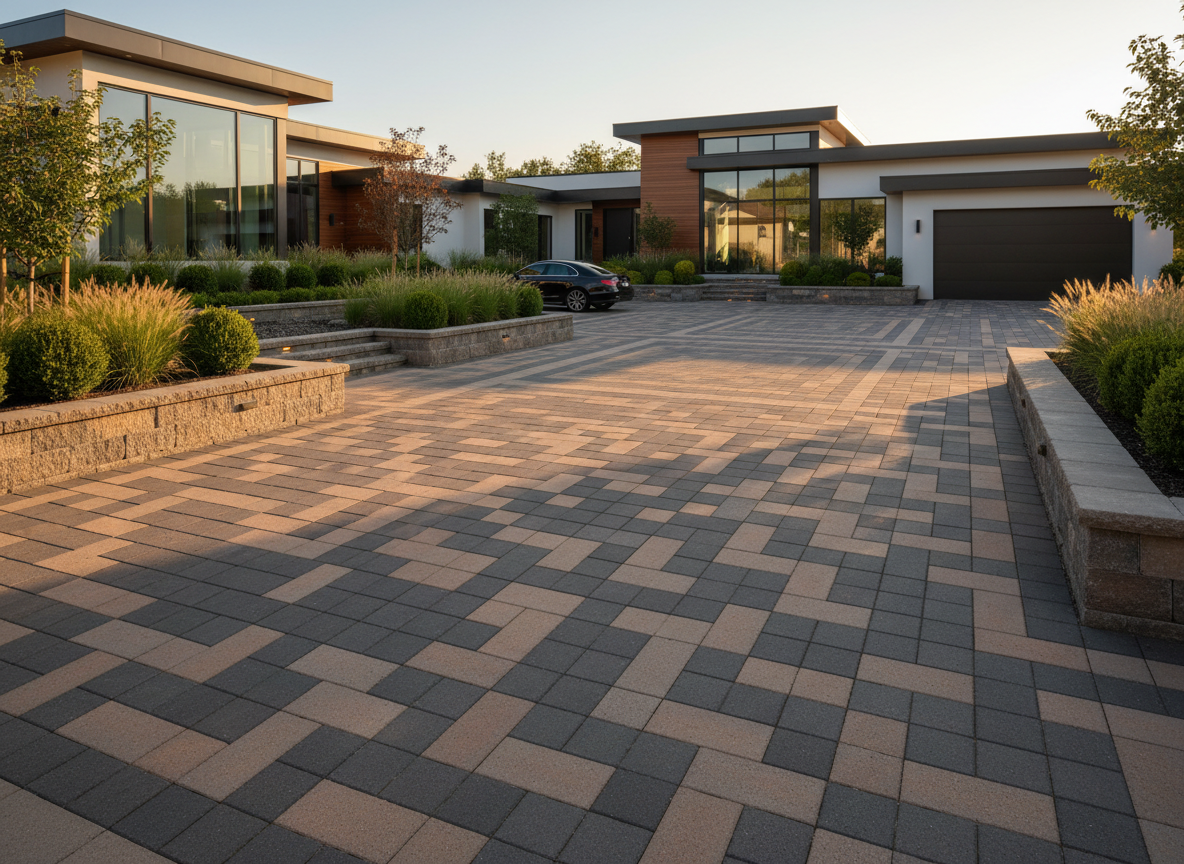 A wide, photographic realism shot of a luxurious residential driveway and entry courtyard finished with multi-tone interlocking pavers in warm grays and tans. The crisp paver pattern leads the eye toward a modern home, bordered by low retaining walls made of textured stone blocks. Subtle landscape lighting fixtures are tucked along planting beds filled with neatly arranged shrubs and ornamental grasses. Taken at golden hour with soft, warm sunlight creating gentle highlights on the paver textures and clean, defined shadows. Shot from a slightly elevated angle with sharp focus throughout, the composition feels professional, welcoming, and meticulously constructed, showcasing a fully completed project with a clean, modern aesthetic.