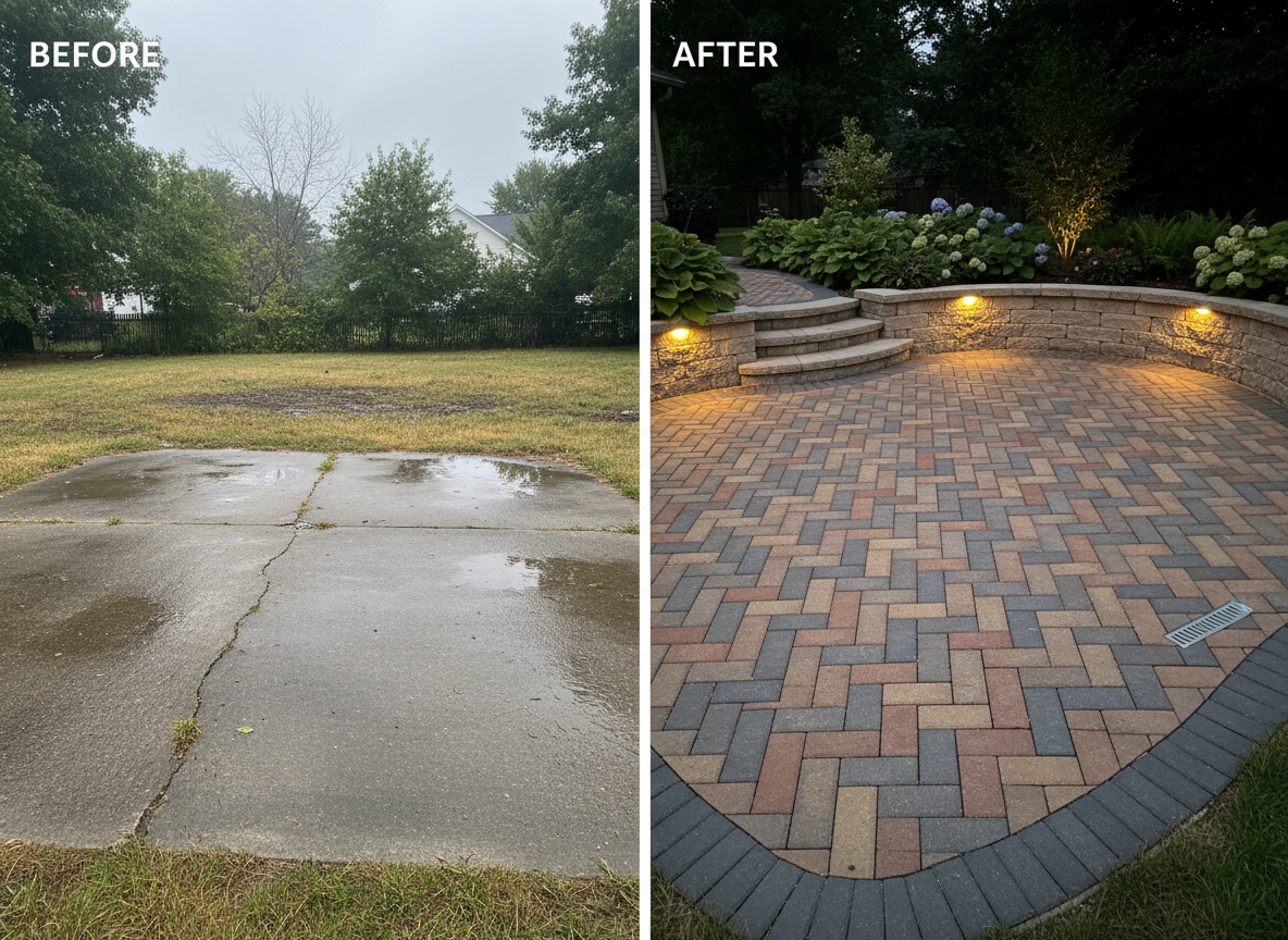 A precise before-and-after split photographic image of a backyard transformation. The left half shows a dull, cracked concrete patio with patchy grass and poor drainage, captured in flat, overcast light. The right half reveals the same space after renovation: beautifully installed interlocking pavers in a herringbone pattern, a curved retaining wall with integrated steps, new drainage grates discreetly aligned between paver joints, and fresh planting beds. Evening lighting illuminates the upgraded side, with warm landscape lights grazing the wall and highlighting foliage. The camera is positioned at eye level, perfectly centered to match perspectives, emphasizing the contrast and conveying a professional, dramatic improvement.