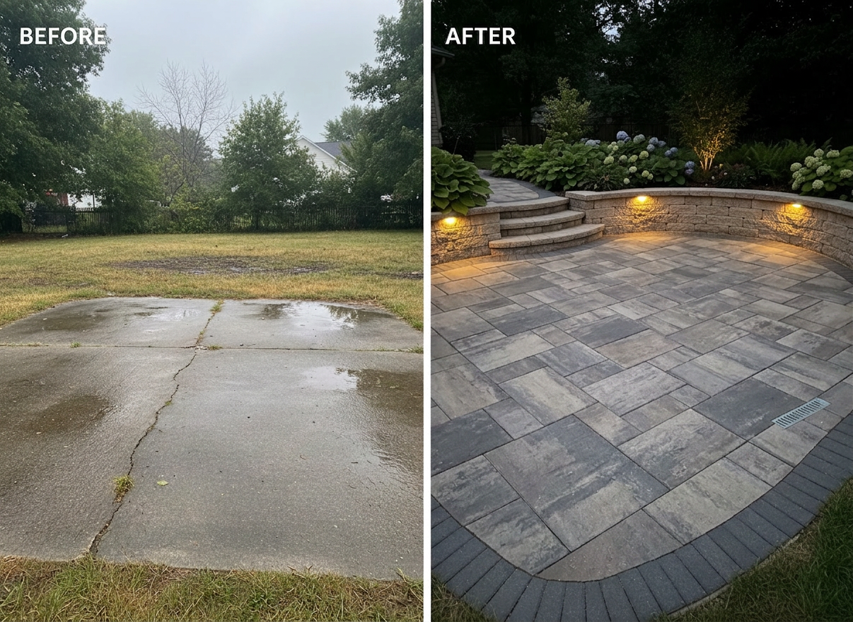 Contractor A precise before-and-after split photographic image of a backyard transformation. The left half shows a dull, cracked concrete patio with patchy grass and poor drainage, captured in flat, overcast light. The right half reveals the same space after renovation: beautifully installed interlocking pavers in a herringbone pattern, a curved retaining wall with integrated steps, new drainage grates discreetly aligned between paver joints, and fresh planting beds. Evening lighting illuminates the upgraded side, with warm landscape lights grazing the wall and highlighting foliage. The camera is positioned at eye level, perfectly centered to match perspectives, emphasizing the contrast and conveying a professional, dramatic improvement.